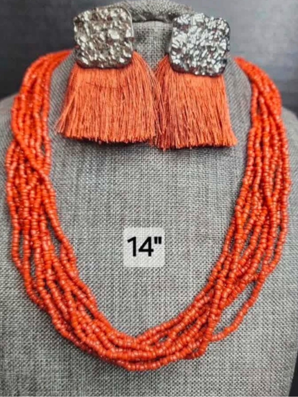75. Vibrant Orange Multi-Strand Seed Bead Necklace with Matching Tassel Earrings